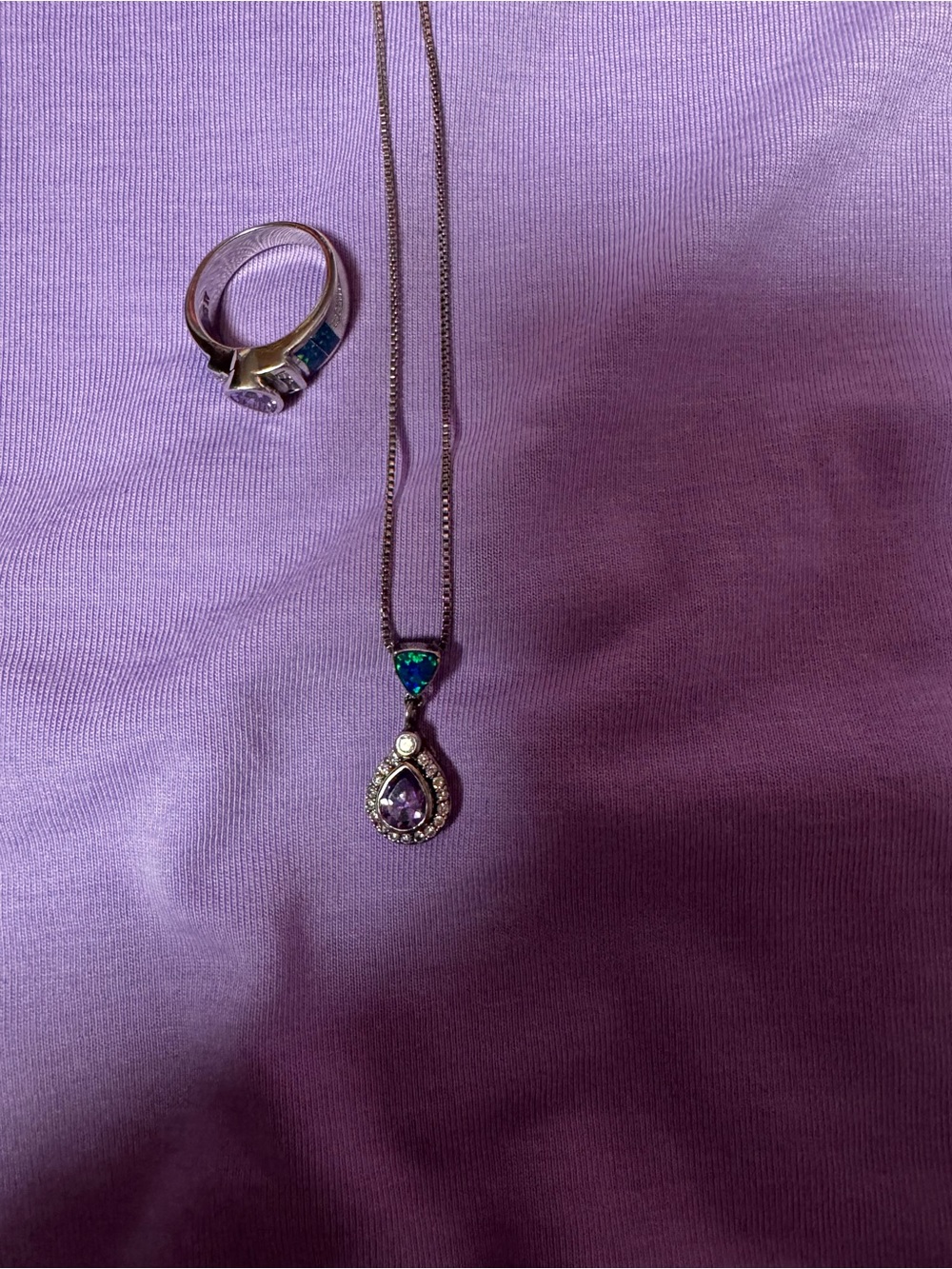 Sterling Silver Purple Teardrop Pendant Necklace and Ring Set/